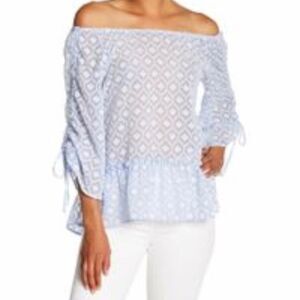 Democracy Top Blouse Shirred 3/4 Sleeve Sheer Feminine Pale Blue Sz L